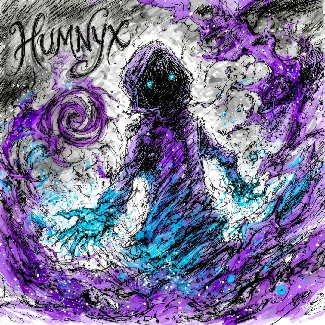 HumNyX artist portrait - hooded figure with glowing cyan eyes amid cosmic purple and cyan swirls
